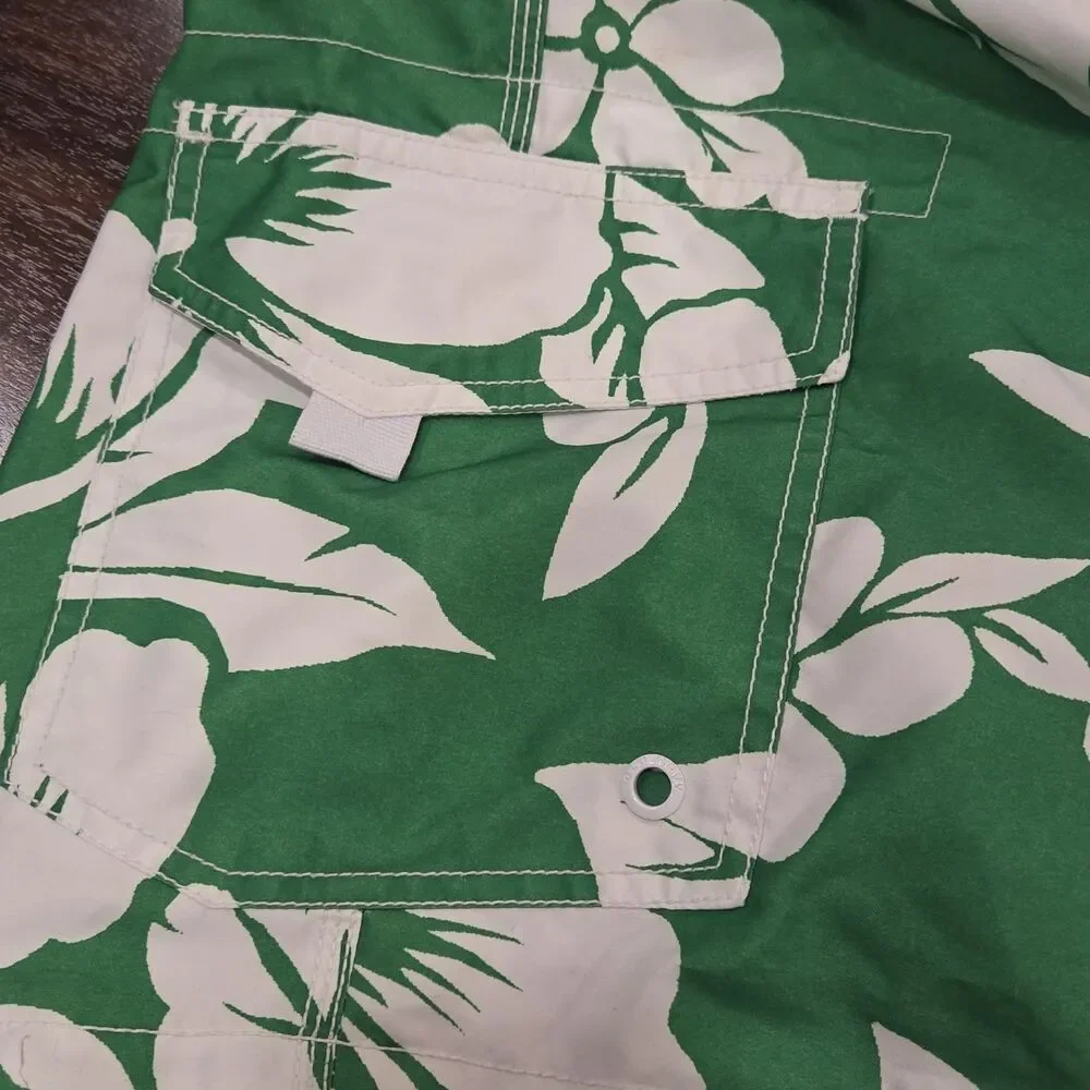 Old Navy Mens L Board Shorts Green White Floral Hawaiian Print Drawstring Swim
